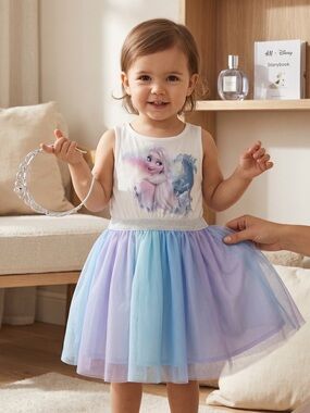 H&M White Bodice Elsa Graphic Dress with Blue & Lavender Tulle Skirt